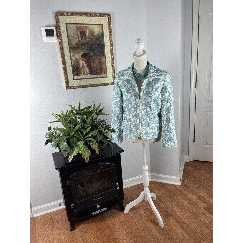 Debra Deroo Women White & Blue Floral Full Zip Long‎ Sleeve Jacket Size P Lined